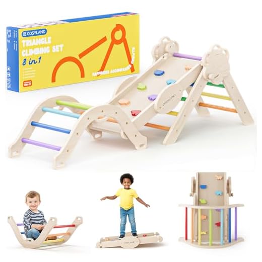 COSYLAND Set di Arrampicata 8 in 1 per Bambini – Triangolo Pikler e Arco Montessori Compatti con Scivolo, Struttura Pieghevole da Interno 18M–3A per Gioco Motorio e Arrampicata（Arcobaleno Classico）