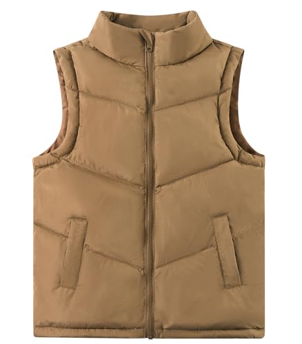 RAISEVERN Boys Puffer Vest Kids Zipper Winter Quilted Sleeveless Jacket Stand Collar with Pockets Outwear Size 9-10 Khaki
