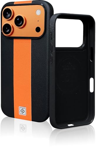 Image of DIZORO Leather Case for iPhone 17 Pro Max, Men Women Luxury Elegant Slim Business PU Cover Soft Non-Slip Grip Shockproof Anti-Scratch Protective Back Cover Black Orange