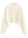 ZAFUL Women's Cropped Turtleneck Sweater Lantern Sleeve Ribbed Knit Pullover Sweater Jumper (0-White, Medium)