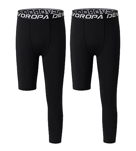 DEVOROPA Youth Boys Leggings One Leg Compression Pants 2-Pack 3/4 Basketball Sports Tights Running Capris Kids Athletic Base Layer Black/Black XXS