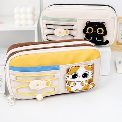 Image of WORSHIPER Large Capacity Cute Aesthetic Pencil Case with Multi ompartments, Multi-Pocket Pastel Pen Pouch Organizer with Zipper, Kawaii School Supplies Bag for Girls, Teens & Students (Black Cat)
