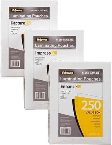 Fellowes Bolsas de laminación A4, brillo, 160 micras (2 x 80 micrones), paquete de 250