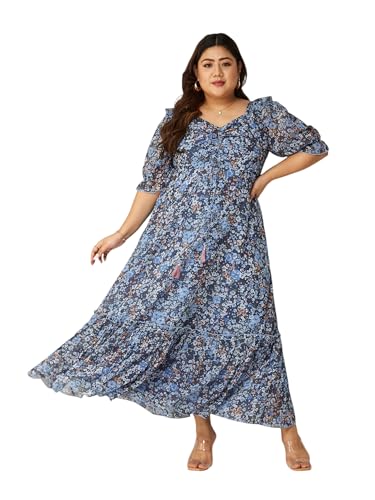 Image of Miss Chase A+ Women's Sweetheart Neck Puffed Sleeve Floral Ruching Georgette Maxi Dress