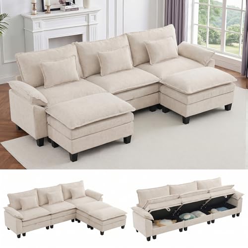Image of IPKIG 117 inch Modular Cloud Couch with Storage, U Shaped Sectional Sofa with Ottoman & Pillow, Chenille Deep Seat Sectional Couches for Living Room, Apartment, White