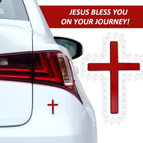 Image of 2PCS Metal Jesus Christ Cross Badge Stickers, Cross Decal, 2.5 inchx1.8 inch 3D Jesus Christ Car Emblem Badge Decal, Self Adhesive Scratch Covering Metal Emblem Decals Fit Car Body Fender Tail (Red)