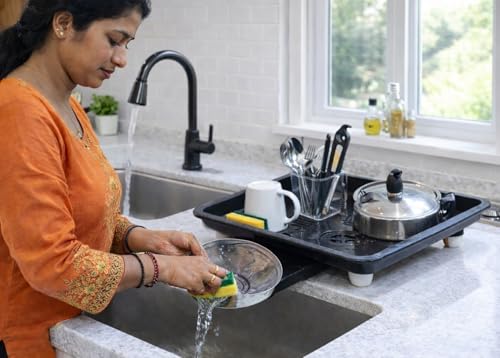 Image of SmartSlide Dish Drainer Tray for Kitchen Sink | Plastic Utensil Drying Tray with Water Drain Spout | Countertop Dish Drying Stand (12 x 17 Inch) (Black)