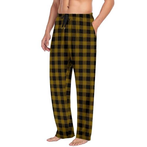 Men Plaid Pajama Pants Loose Fit Soft Casual Lounge Trousers Gold