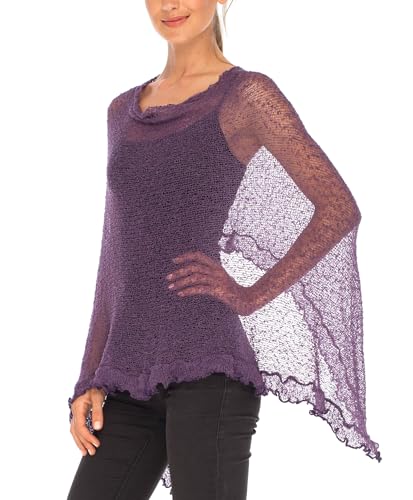 Image of SHU-SHI Women's Sheer Knit Poncho Shrug Lightweight Asymmetrical Ruffle Wrap Dressy Summer Shawl Cover Up Top