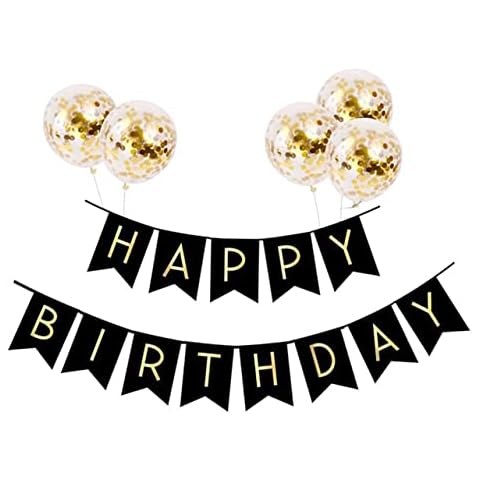 Meowoo Happy Birthday Banner with 5 Confetti Latex Balloons Birthday Decorations Set, Birthday Party Supplies for women/Men (Black) Cover