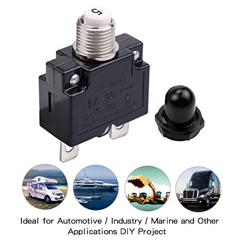 Rkurck 5 Amps Push Button Circuit Breakers, Ac 125/250V Dc 50V Thermal Overload Protector With Quick Connect Terminals And Waterproof Button Black Cap, Manual Reset Thermal Circuit Breaker 5A(2 Pcs） #TOP5