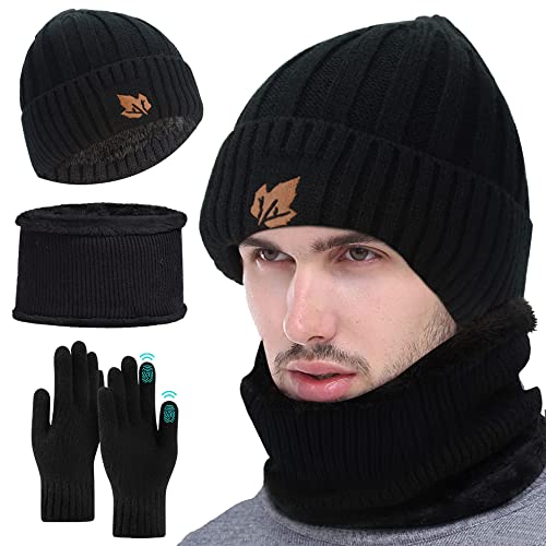 Gorro Invierno Hombre con Bufanda Guante, Calentar Sombreros Gorro Punto Beanie y Calentador Cuello Bufanda y Guante de Pantalla Táctil 3 en 1 para Hombres Esquí Deportes Aire Libre Regalo de Invierno