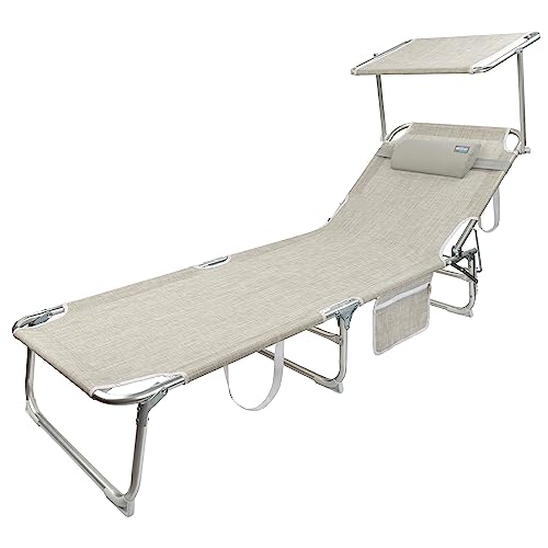 Aktive 62650 - Tumbona plegable con parasol | Tumbona de playa con cojín, 188x58x30 cm | Tumbona jardín exterior aluminio beige | Peso máx 110 kg | Tumbona reclinable 3 posiciones