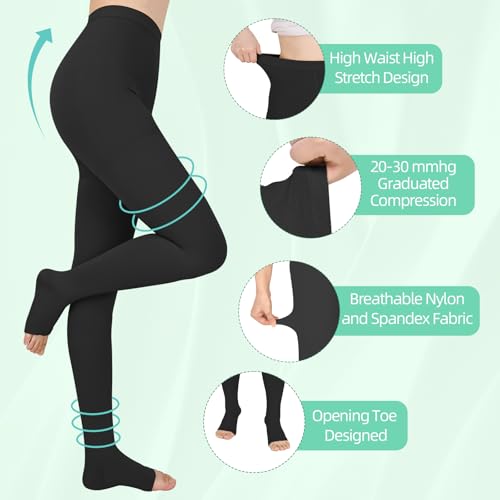 Image of 20 - 30mmHg Compression Pantyhose,1 Pair or 2 Pairs Comfortable Compression Leggings,Open Toe Design,Medical Waist High Compression Stockings for Edema, Varicose Veins, Swelling, Pregnant,Nurses, Athletes(Open Toe)