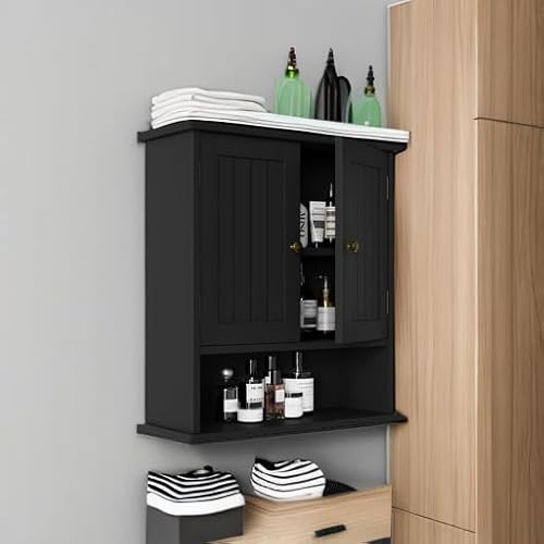 image for Smuxee Black Wall Cabinet, Small, 2-Door Medicine Cabinet with Adjusta