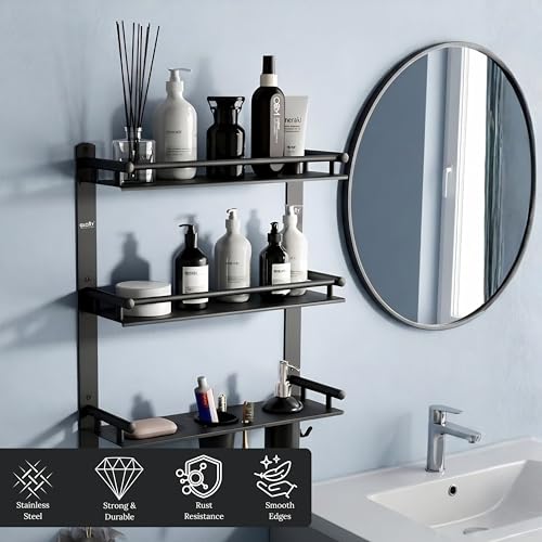 Image of GLOXY Premium Stainless Steel Bathroom Shelf with Soap Holder, Toothpaste Holder & Liquid Soap Dispenser Wall Mounted - 4 in 1 Bathroom Toiletry Organizer Set for Home, Office, Hotels & Restaurants