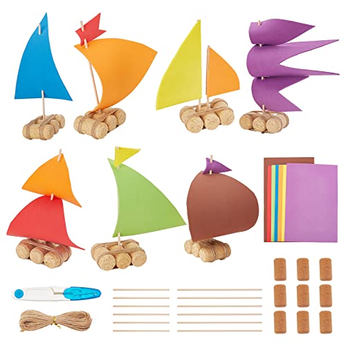 INFUNLY 7 Set DIY Cork Boat Kit Wooden Sailboat Kits Model Boat Building Woodcrafts Miniature Rowboat for Paint & Decorate