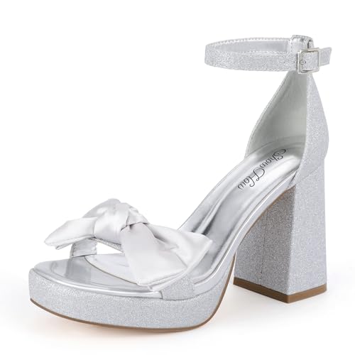 Mofri Showhow Platform Chunky Heels Women's Chunky High Heel Sandals Ankle Strap Open Toe Pump Bowknots Wedding Sandals for Wedding Bridal Party