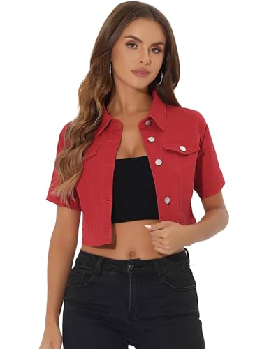 Allegra K Casual Denim Jacket for Women Short Sleeves Crop