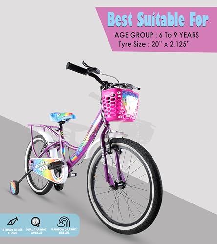 Image of OXYGEN Trio 20T Kids Bicycle for Boys & Girls 5-10 Years, 20 Inch Single Speed Cycle with Training Wheels, Basket, Rear Carrier, High Tensile Steel Frame, Front & Rear Brakes, Purple, Semi-Assembled