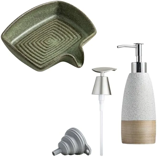 Self Draining Soap Dish, Ceramic Drain Soap Holder & 12 oz Dish Soap Dispenser with 2 Pumps
