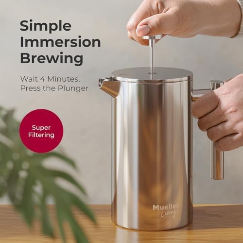 MuellerLiving French Press Coffee Maker 34oz, Stainless Steel French Press Coffee, 4 Filter Heat Resistant Double Insulated, Rust-Free, Food Grade, Dishwasher Safe Coffee Pot - 3