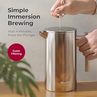 MuellerLiving French Press Coffee Maker 34oz, Stainless Steel French Press Coffee, 4 Filter Heat Resistant Double Insulated, Rust-Free, Food Grade, Dishwasher Safe Coffee Pot