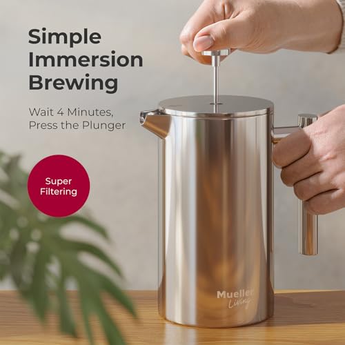 MuellerLiving French Press Coffee Maker 34oz, Stainless Steel French Press Coffee, 4 Filter Heat Resistant Double Insulated, Rust-Free, Food Grade, Dishwasher Safe Coffee Pot by Mueller - Image 4