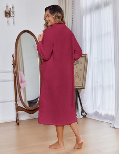 Image of Ekouaer Women Zipper Robe Fleece Long Sleeves Bathrobe Sleepwear Warm Soft Housecoat with Pockets Zip Up House Dresses