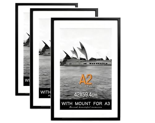 A2 Black Aluminum Picture Frame, 3 Pack - 16.5x23 Inch Poster Frame with Shatterproof Plexiglass & A3 Mat, for Wall Mounting Display