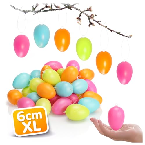com-four® 36x Ostereier XL zum Aufhängen 6 cm - Osterdeko in sanften pastelligen Farben - Bunte Deko-Eier mit Aufhänger - Kunststoff-Eier für innen und außen (36x - 6cm - Pastell)