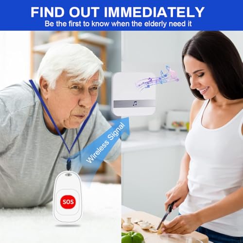 Image of HANNEA Wireless Call Button for Elderly at Home Emergency Caregiver Pager Neck Pendant Portable Alert Button for Seniors Low Power Medical Alert Systems 100 M (2 Caregiver Call Buttons + 1 Receiver)