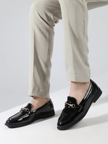 Image of Men's Black Patent Loafers | Glossy Slip-On Dress Shoes with Gold Horsebit Detail | Memory Foam Comfort for Tuxedo, Wedding, & Formal Wear | The Executive Series