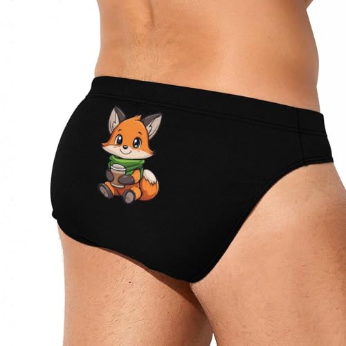 Cute Fox Drinking Coffee Mens Swim Briefs Bikini Sexy Low Rise Trunks Swimsuit Bathing Suit Beach3