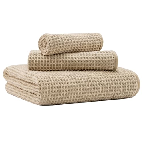 MICROFI New Microfiber Waffle Bath Towels, 3 Pieces, Oversized, Soft, Absorbent, Fast Drying, Lint Free, Includes Bath, Face and Hand Towels