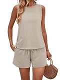 REORIA Damen Rundhalsausschnitt Ärmelloser Jogginganzug Zweiteiler Trainingsanzug Hausanzug Elegantes Outfit Lounge Set Khaki XL
