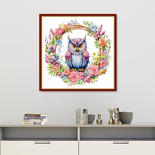 Image of Findvoor Stamped Cross Stitch Kits for Beginners Full Range of Cross Stitching Embroidery Pattern for Adults, 11CT DIY Needlepoint Embroidery Starter Kits-Owl Wreath 17.7x17.7 inch