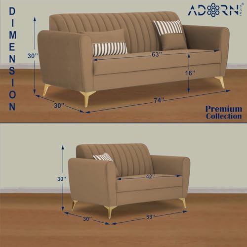 Image of Adorn India Premium Luster 3-2 Sofa Set | Velvet Suede Fabric | 3-Year Warranty | Color Camel with Golden Legs & Striped Pattern Cushion