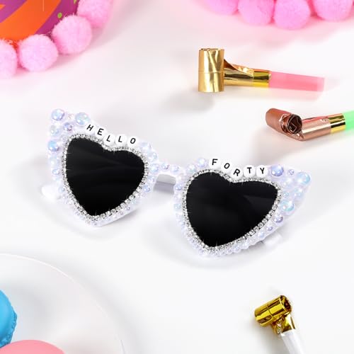 Etercycle 40th Birthday Sunglasses, Hello Forty Heart Glasses 40th Birthday Decorations For Women Men, White Shiny Diamond Pearl Glasses Happy Birthday Gifts4