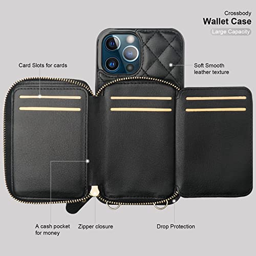 Bocasal Crossbody Wallet Case For Iphone 12 Pro Max, Rfid Blocking Pu Leather Zipper Handbag Purse Flip Cover, Kickstand Folio Case With Card Slots Holder Wrist Strap Lanyard 5G 6.7 Inch (Black) #TOP6