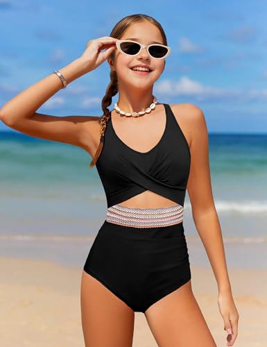 Girls Swimsuit Criss Cross Cutout One Piece Bathing Suit Color Block V Neck Back Tie Swimwear 9-16Y4