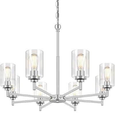 33.5'' 8-Light Chandelier for Dining Room Kitchen Island, Modern Farmhouse Pendant Lighting with Glass Shades Industrial Brushed Nickel Hanging Ceiling Light Fixture for Living Room, Height Adjustable