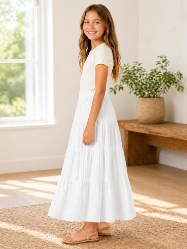 Image of Girls Tiered Maxi Skirt Boho Flowy Peasant Long Skirt for Kid 7-14