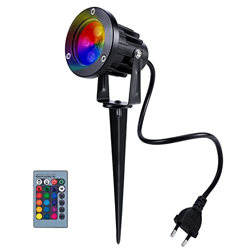 BLOOMWIN Foco Exterior LED Luces de Jardín 8W RGB IP65 Impermeable Proyector Lámpara de Césped 16 Colores y 4 Efectos Dinámicos con Control Remoto Estaca Luz Decorativa para Jardín Patio Camino Pared Cover