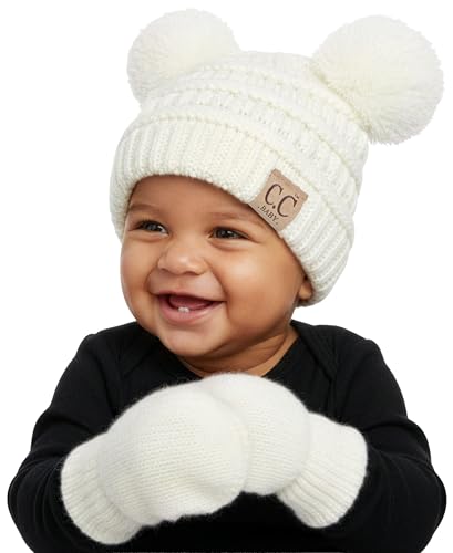 Image of Funky Junque Baby Double Faux Fur Pom Pom Beanie & Mittens Set – Newborn Infant 0–9 Months Winter Hat with Soft Lined Mittens
