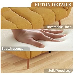 Futon Sofa Bed, Convertible 76.77" Modern Linen Futon Couch, Comfy Sleeper Sofa with Adjustable Backrests, Couch Bed for Small Spaces, Living Room, Bedroom, Apartment, Yellow Futon Sofa Bed Convertible 7677 Modern Linen Futon Couch Comfy Sleeper Sofa with Adjustable Backrests Couch Bed for Small Spaces Living Room Bedroom Apartment Yellow