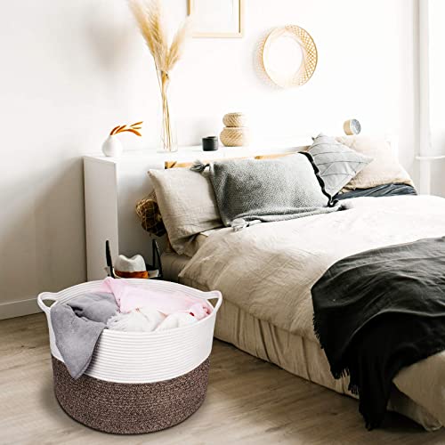 Annecy Xxlarge Cotton Rope Basket, 21X13 Inches Blanket Basket Living Room, Woven Baby Laundry Basket With Handle For Toy, Towels, Pillows, Decorative Basket For Blankets, White & Beige Brown #TOP7