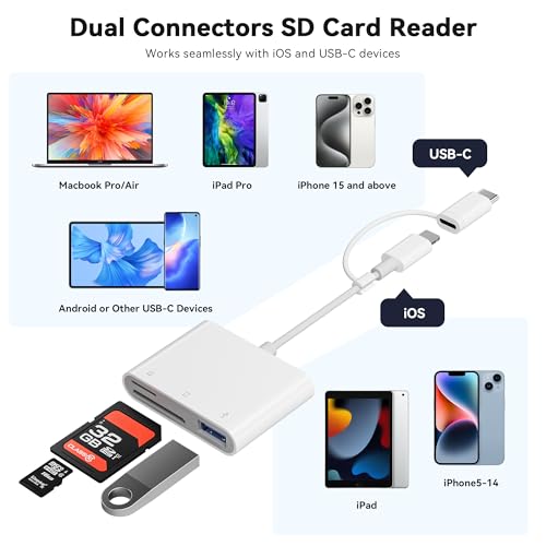 Image of SD Card Reader for iPhone iPad Camera with USB C, Dual Card Slot Memory Card Reader Supports SD /TF Card Trail Camera Viewer SD Card Adapter Portable Micro SD Card Reader No App Plug and Play