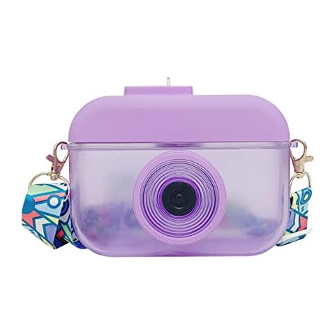 RICHSUM 13oz Cute Water Bottles with Straws - Popsicle Modelling Kids Water Bottle - BPA Free Plastic Tumbler with Shoulder Straps - Kawaii, Transparent, for Kids & Adults (Camera,Purple) Cover