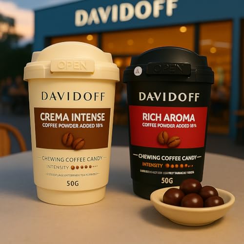 Image of Davidoff Chewing Coffee Chewy Candy Combo Pack By Cougar - Rich Aroma (15% Coffee Powder) & Crema Intense (13% Coffee Powder) - Long-Lasting Premium Coffee Taste Chewy Candy, Intensity 8 & 5, 50g x 2 Cups (Imported-GER)